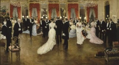 Peinture représentant une somptueuse soirée en costume de la belle époque